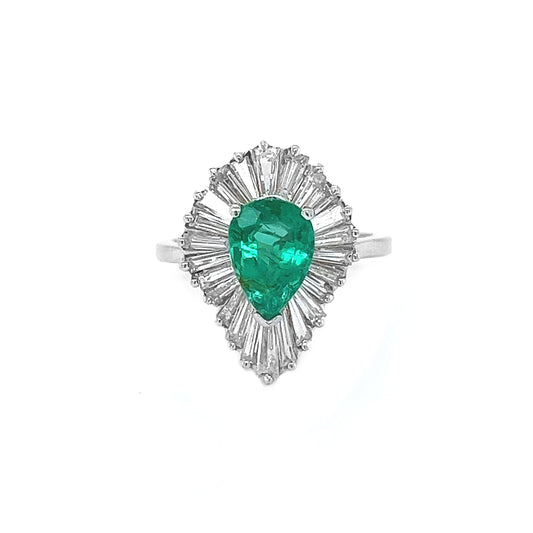 Natural Green Emerald and Diamond Cluster Art Deco Ballerina Ring White Gold