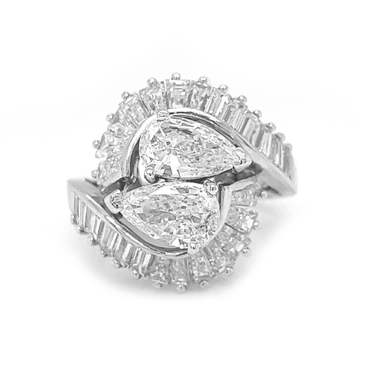 Natural Mined Pear Shaped and Baguette Diamond Yin Yang Art Deco Cocktail Ring Platinum