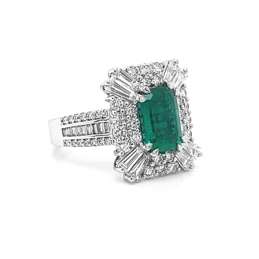 Natural Emerald and Diamond Halo Art Deco Cocktail Ring White Gold