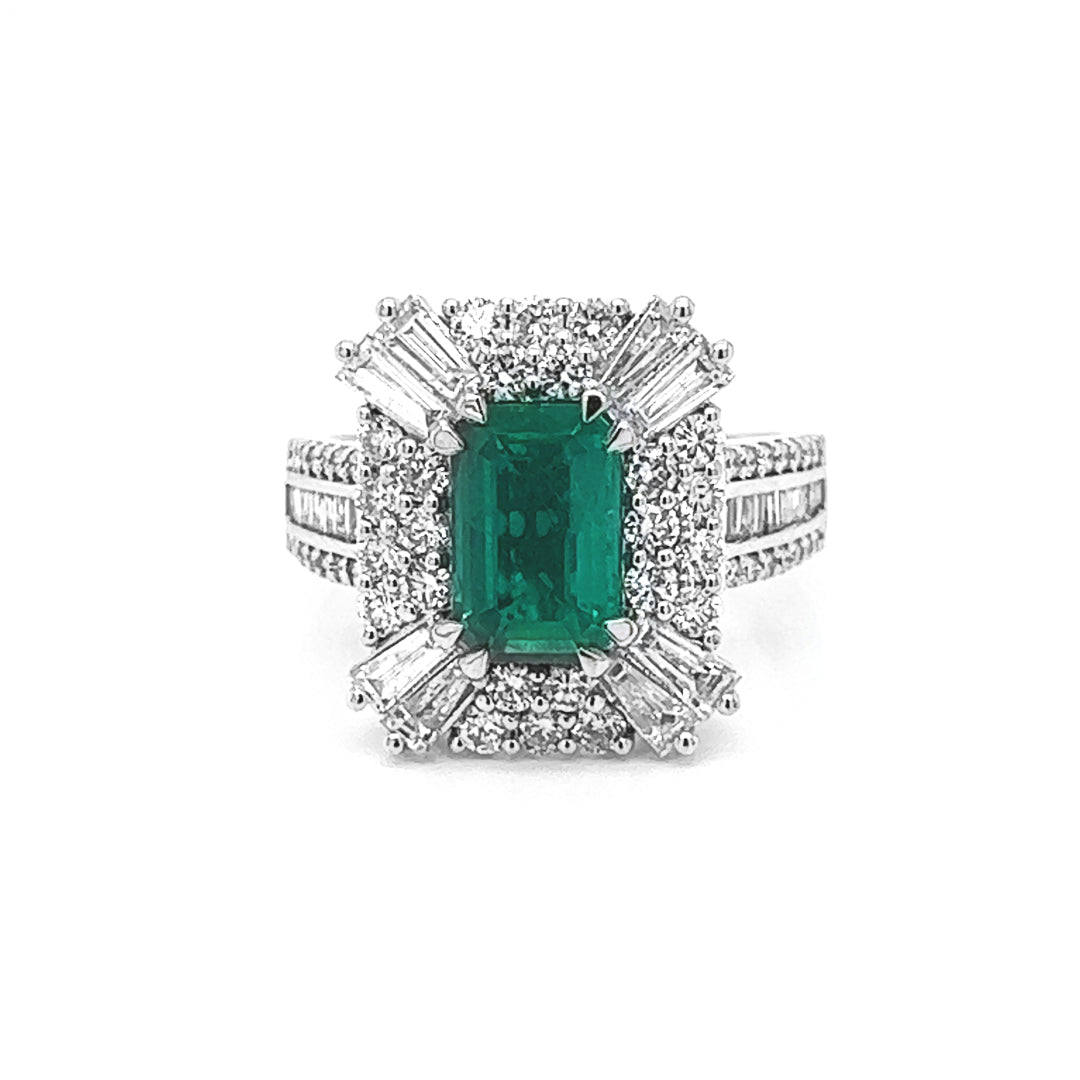 Natural Emerald and Diamond Halo Art Deco Cocktail Ring, in White Gold