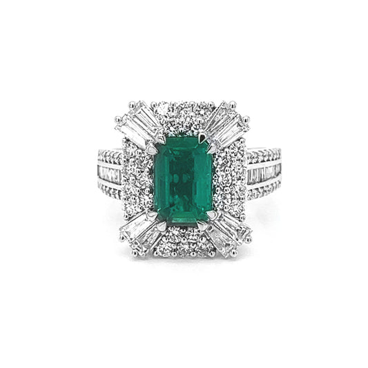 Natural Emerald and Diamond Halo Art Deco Cocktail Ring White Gold