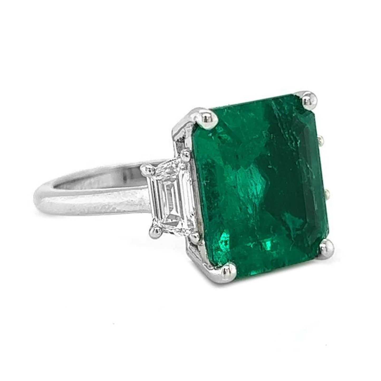 Natural Colombian Green Emerald and Trapezoid Cut Diamond 3 Stone Ring, in White Gold
