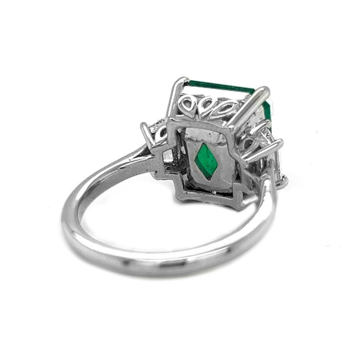 Natural Colombian Green Emerald and Trapezoid Cut Diamond 3 Stone Ring, in White Gold