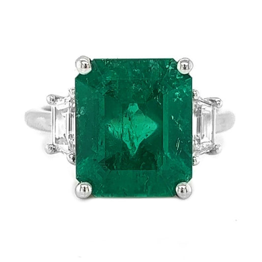 Natural Mined Colombian Green Emerald andTrapezoid Cut Diamond 3 Stone Ring White Gold