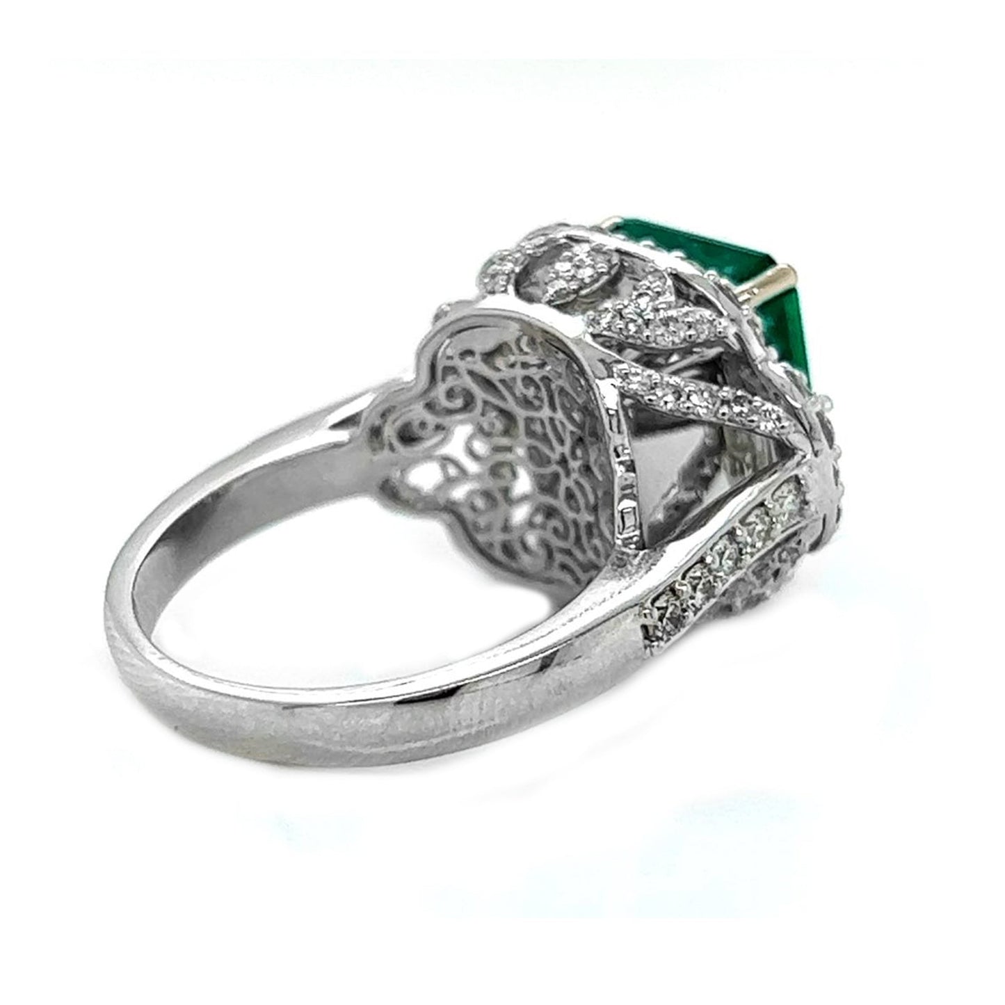 Natural Emerald Cut Green Emerald and Diamond 3 Stone Ring, in White Gold