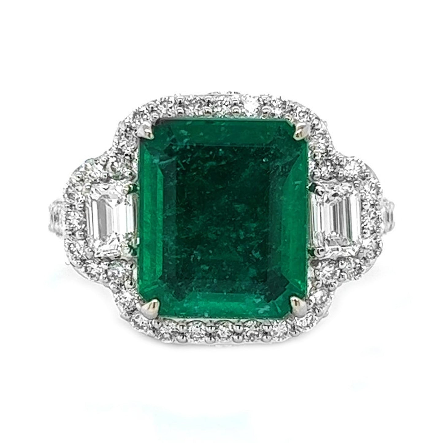 Natural Emerald Cut Green Emerald and Diamond 3 Stone Ring, in White Gold