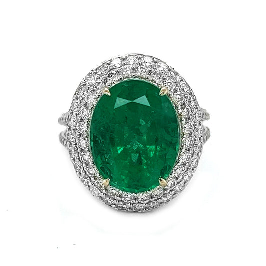 Natural Mined Green Emerald Diamond Halo Cocktail Ring White Gold GIA