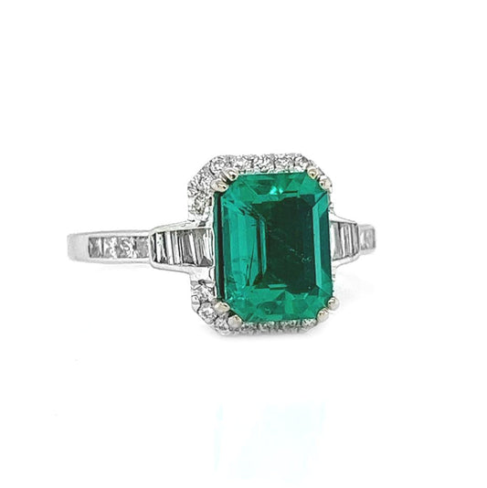 Natural Mined Emerald Cut Green Emerald and Diamond Halo Cocktail Ring White Gold