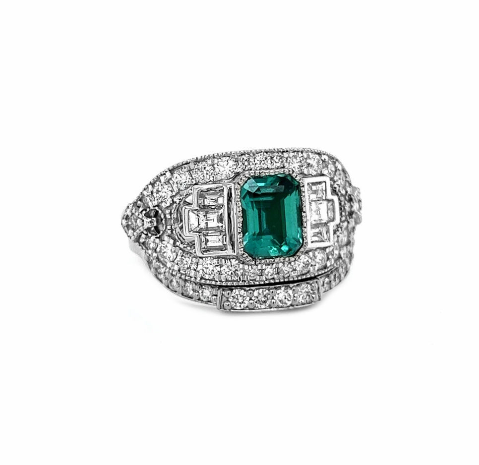 Natural Mined Step Cut Green Emerald and Diamond Halo Ring White Gold GIA