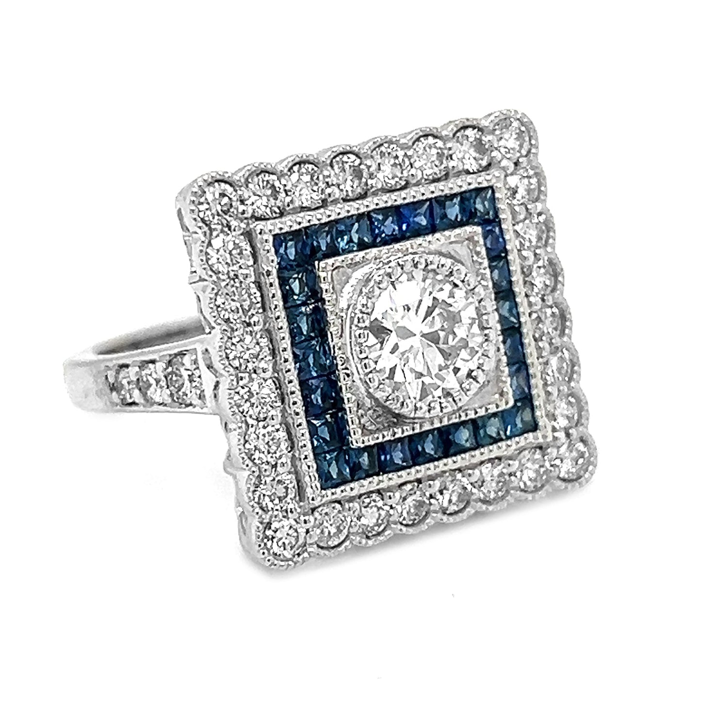 Natural Diamond and Blue Sapphire Halo Art Deco Bridal Ring, in White Gold