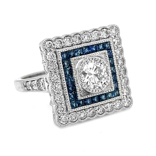 Natural Diamond and Blue Sapphire Halo Art Deco Bridal Ring, in White Gold