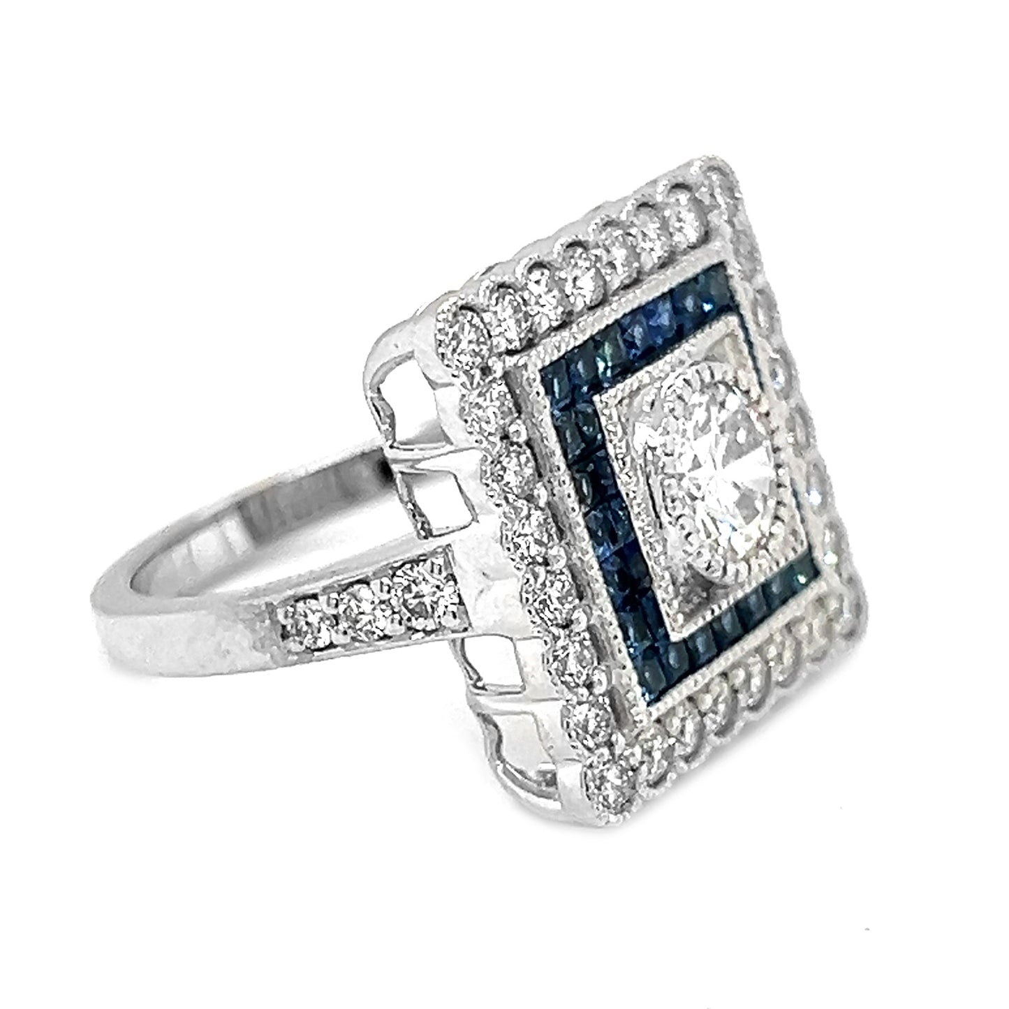 Natural Diamond and Blue Sapphire Halo Art Deco Bridal Ring, in White Gold