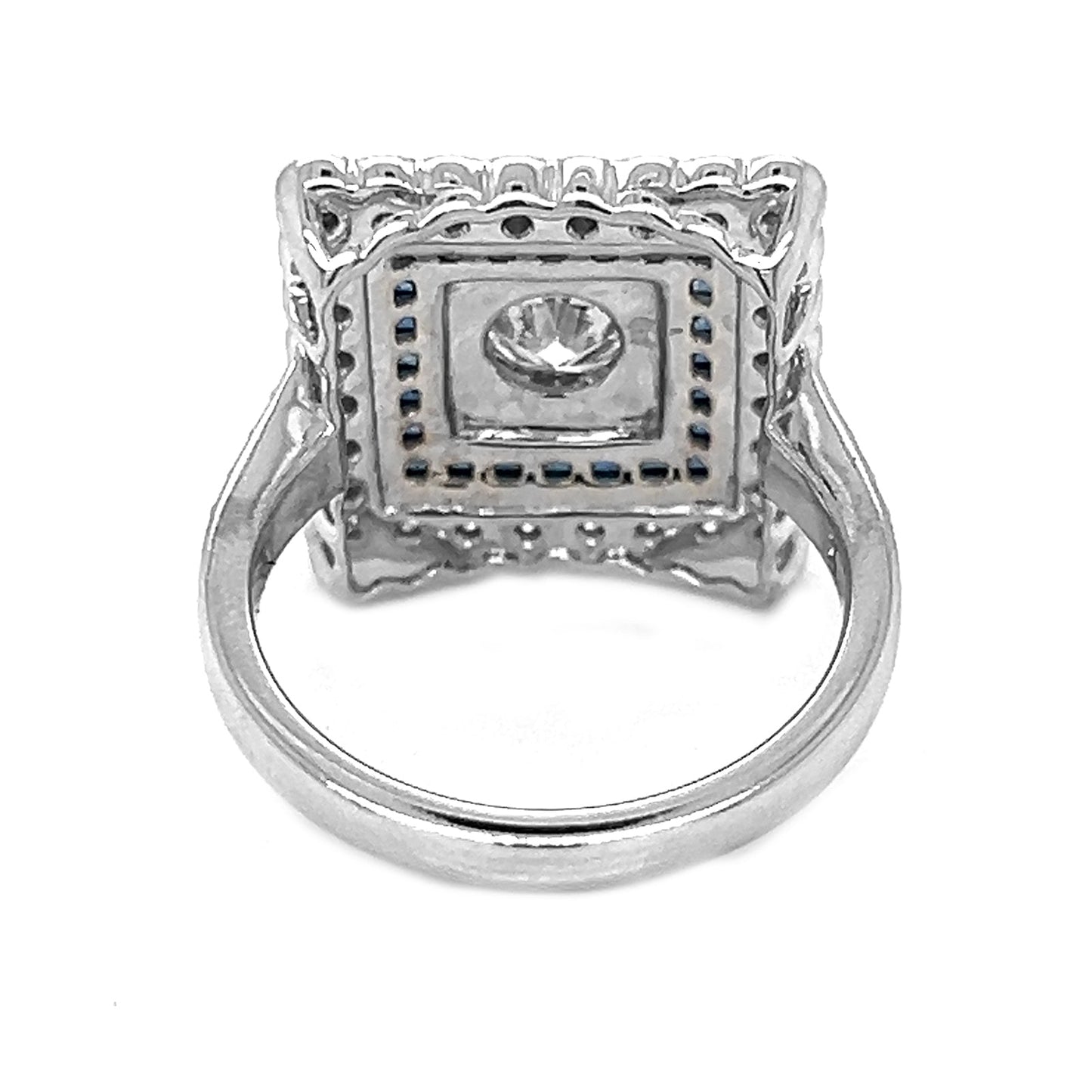 Natural Diamond and Blue Sapphire Halo Art Deco Bridal Ring, in White Gold