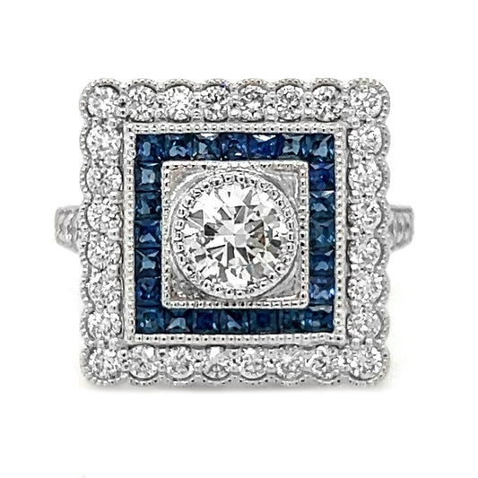 Natural Diamond and Blue Sapphire Halo Art Deco Bridal Ring, in White Gold