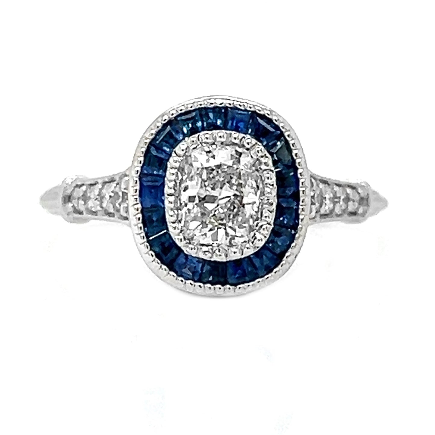 Natural Diamond and Blue Sapphire Halo Art Deco Ring, in White Gold