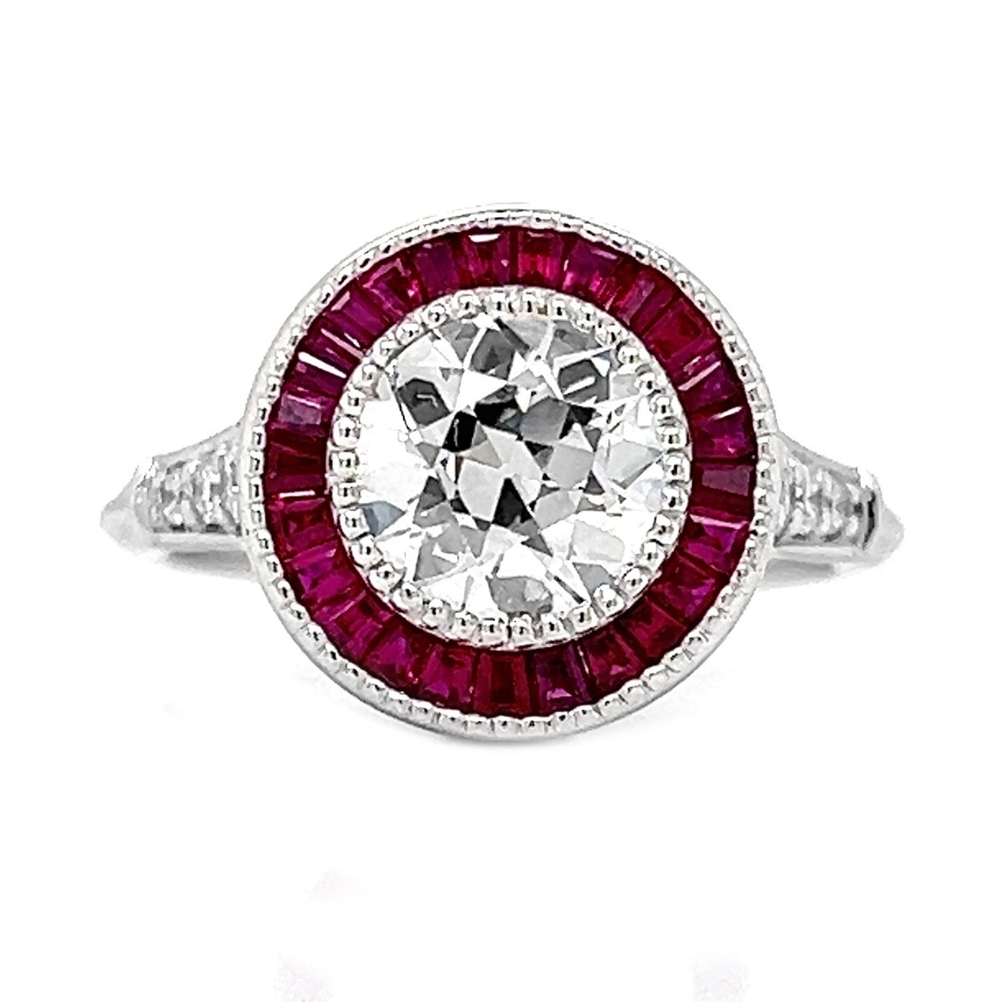 Natural Diamond and Ruby Halo Art Deco Ring, in White Gold