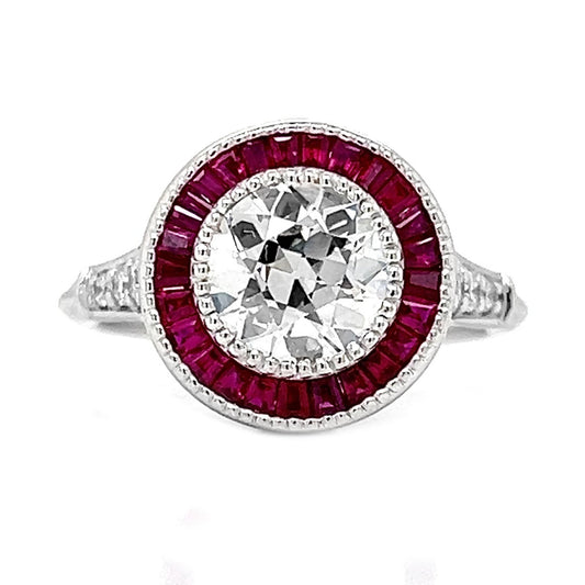 Natural Diamond and Ruby Halo Art Deco Ring, in White Gold