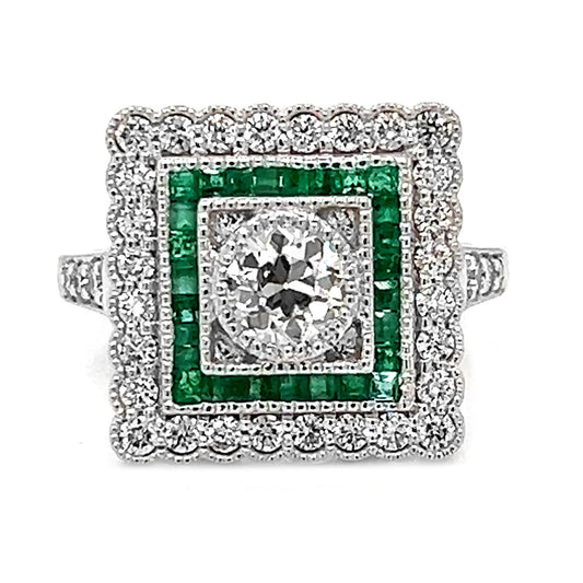Natural Diamond and Emerald Halo Bridal Ring, in White Gold