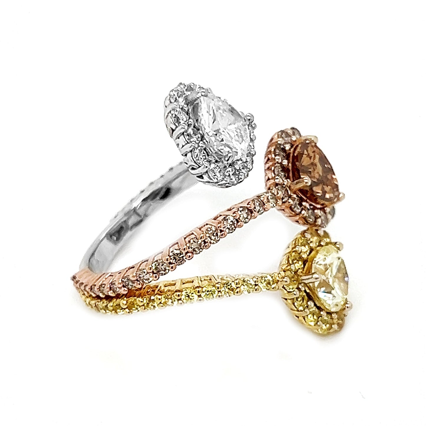 Natural Heart Shaped Fancy Yellow, Orange Brown Diamond Halo Bypass Ring, in Yellow Gold