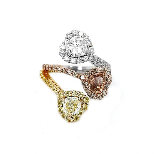 Natural Heart Shaped Fancy Yellow, Orange Brown Diamond Halo Bypass Ring, in Yellow Gold
