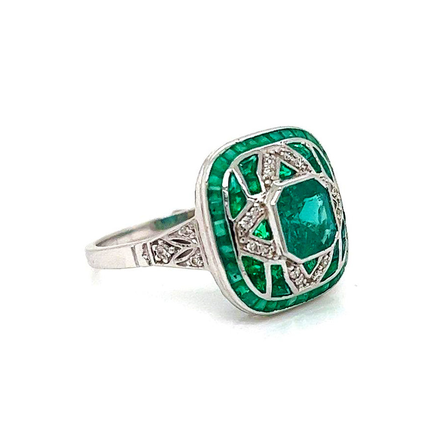 Natural Mined Emerald Diamond Cocktail Art Deco Ring White Gold