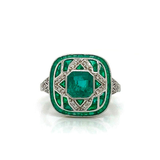 Natural Mined Emerald Diamond Cocktail Art Deco Ring White Gold