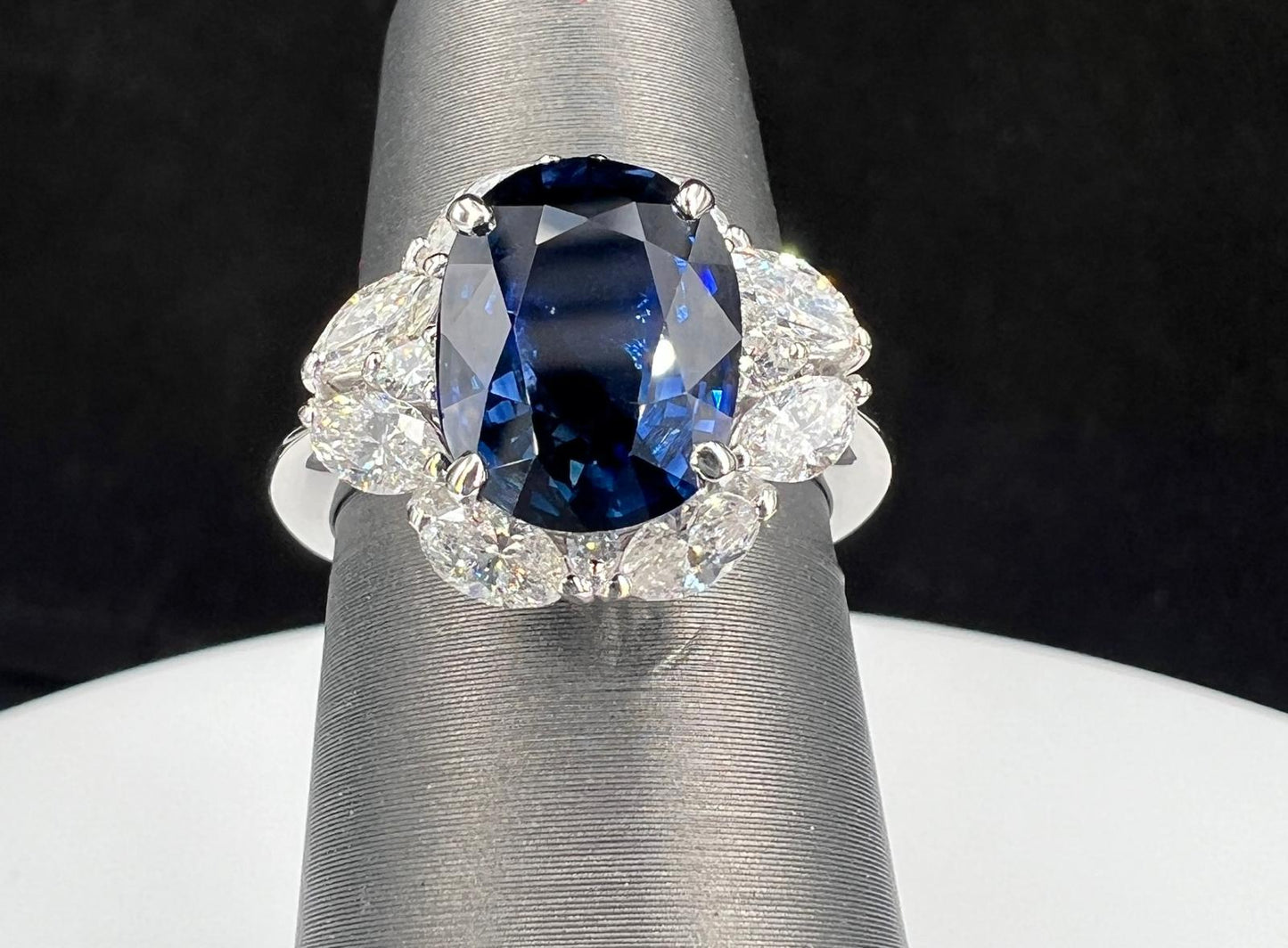 Natural Mined Blue Sapphire and Diamond Halo Cocktail Ring Platinum GIA