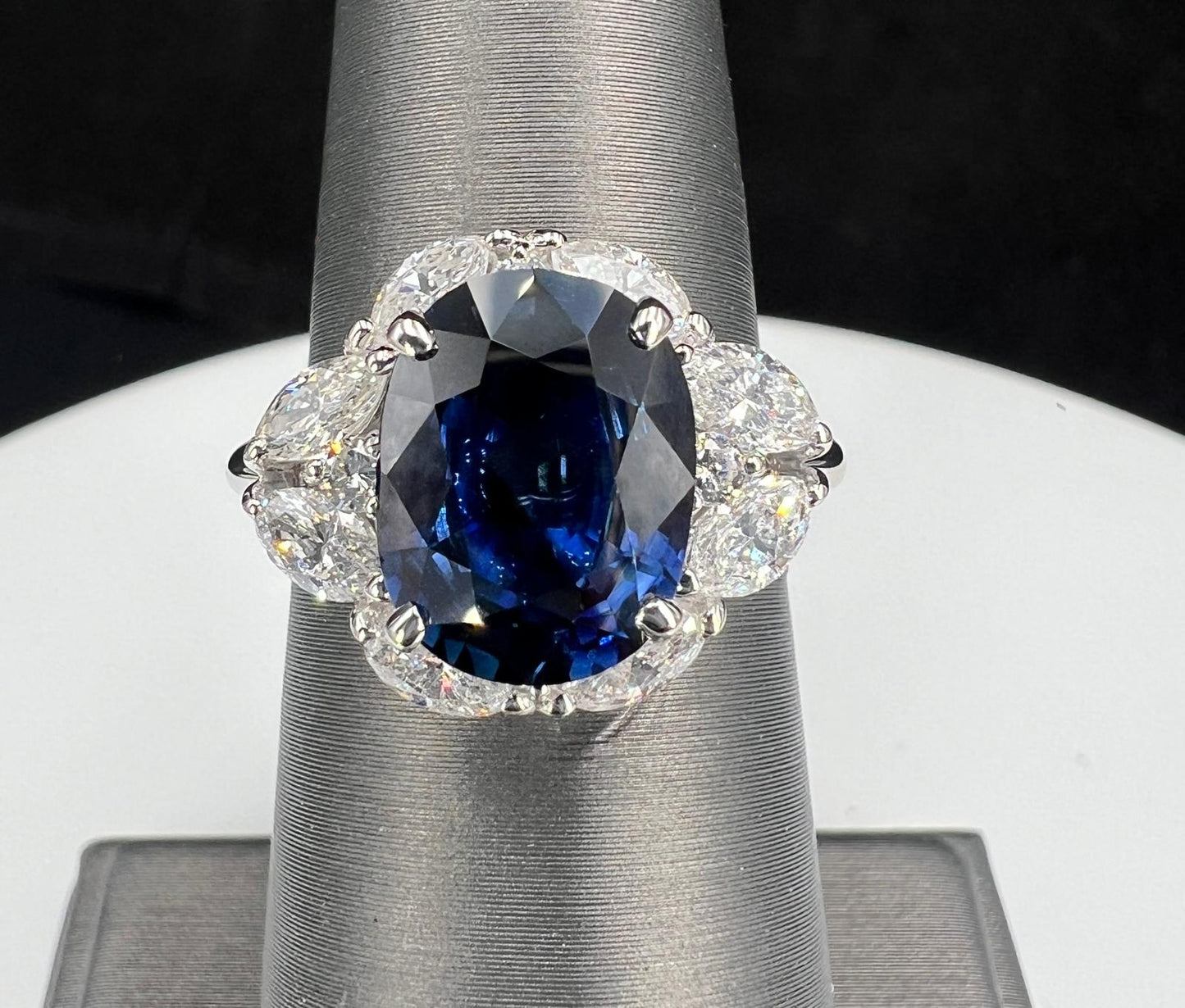 Natural Mined Blue Sapphire and Diamond Halo Cocktail Ring Platinum GIA