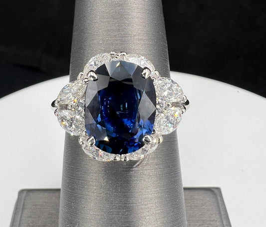 Natural Mined Blue Sapphire and Diamond Halo Cocktail Ring Platinum GIA