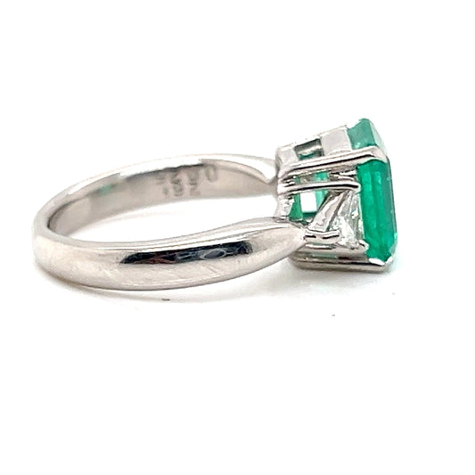 Natural Mined Emerald and Diamond 3 Stone Platinum Ring GIA