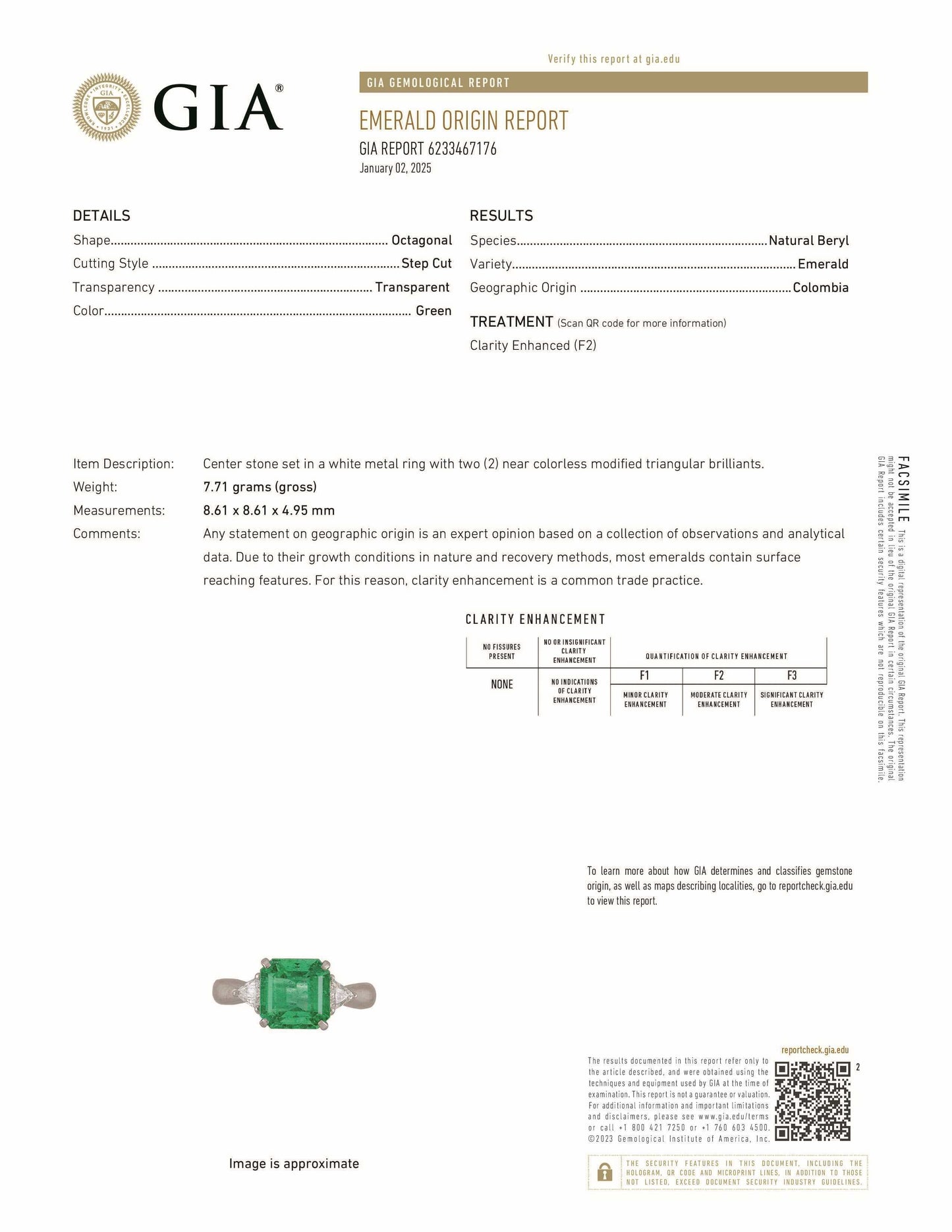 Natural Mined Emerald and Diamond 3 Stone Platinum Ring GIA