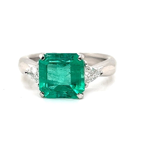 Natural Emerald and Diamond 3 Stone Platinum Ring GIA