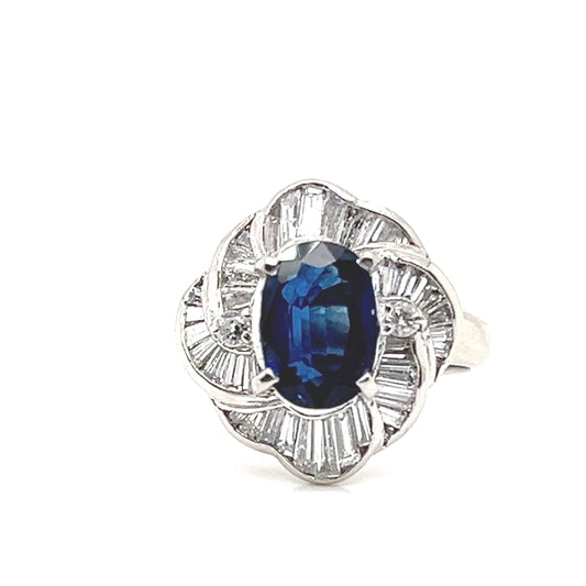 Natural Mined Blue Sapphire Diamond Cluster Halo Cocktail Ring Platinum GIA
