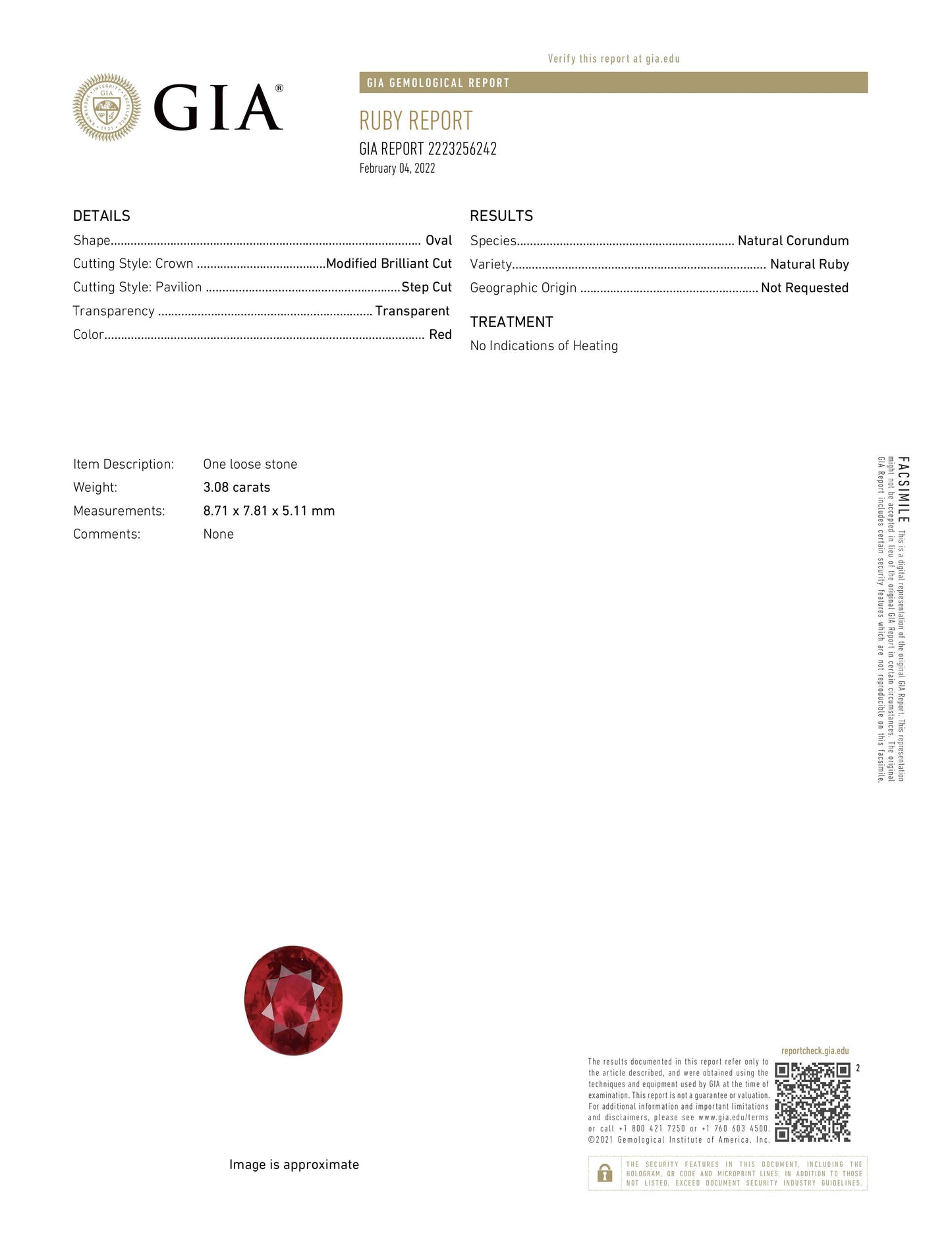 3.08 Carat Oval Shaped Red Ruby  (GIA) 2223256242