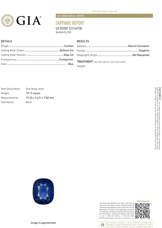 19.17 Carat Cushion Shaped Blue Sapphire (GIA) 2231449780