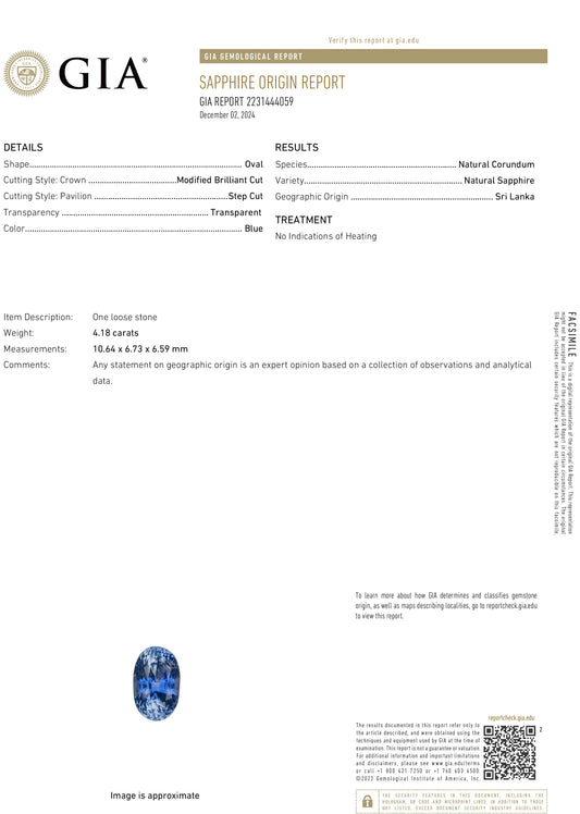 4.18 Carat Oval Shaped Blue Sapphire (GIA) 2231444059