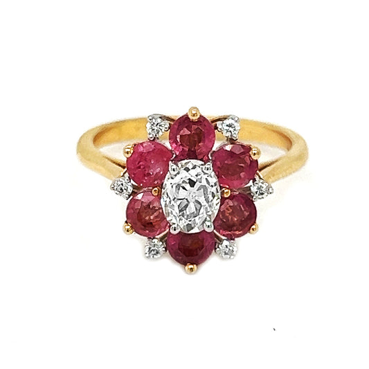 Natural Old European Oval Cut Diamond & Pink Sapphire Cluster Ring, in Yellow Gold