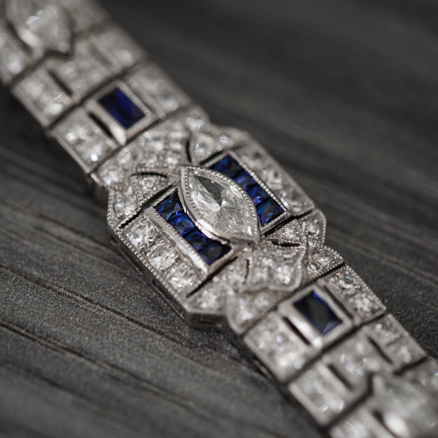 Natural Mined Diamond with Blue Sapphire Art Deco Cocktail Platinum Bracelet