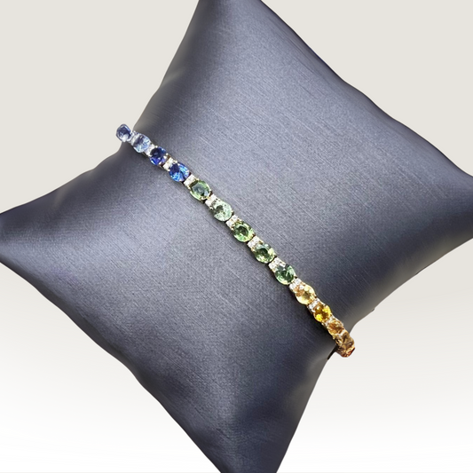 Natural Mined Oval Sapphires Multi-color Rainbow and Round Diamond Bracelet Yellow Gold