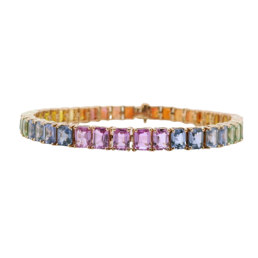 Natural Emerald Cut Multi-Colored Rainbow Sapphire Single Line Bracelet, in Yellow Gold