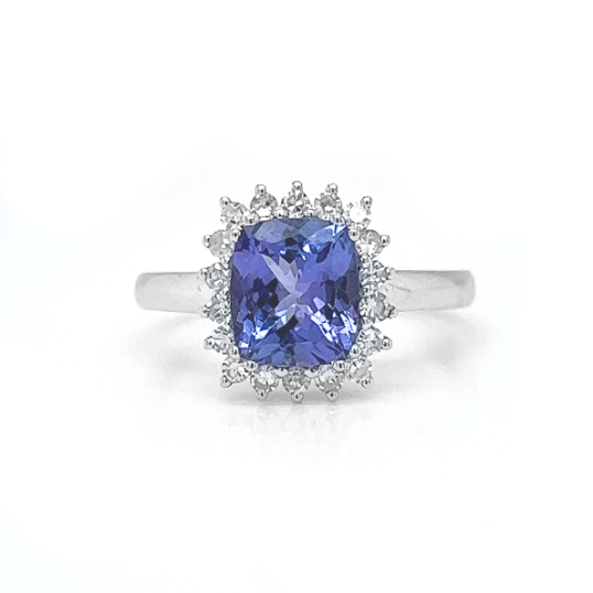 Natural Tanzanite and Diamond Halo Floral Ring, in White Gold