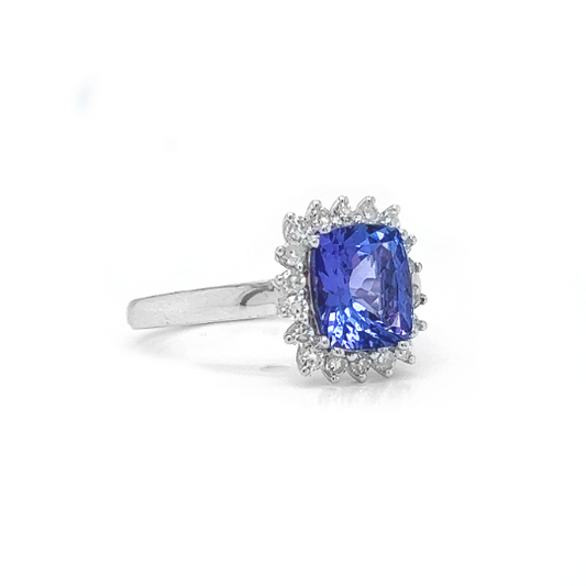 Natural Mined Tanzanite and Diamond Halo Floral White Gold Ring