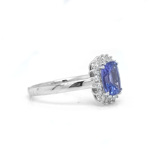 Natural Tanzanite and Diamond Halo Floral Ring, in White Gold