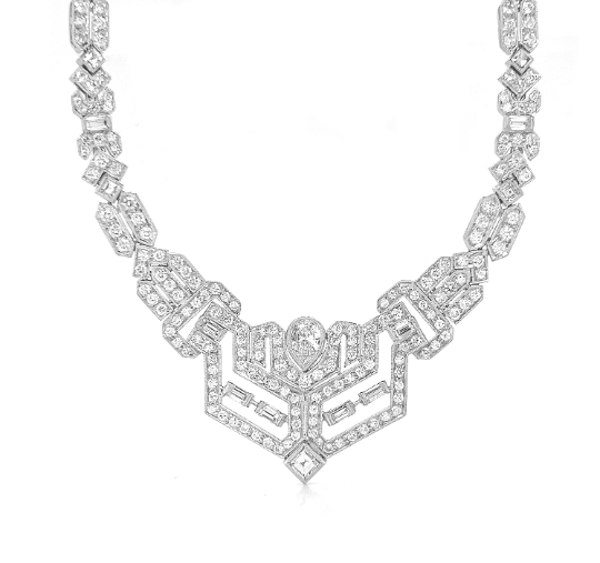 Natural Diamond Cluster Art Deco Cocktail Necklace, in White Gold - Preowned