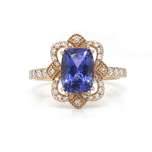 Natural Mined Tanzanite and Diamond Cocktail Ring Yellow Gold