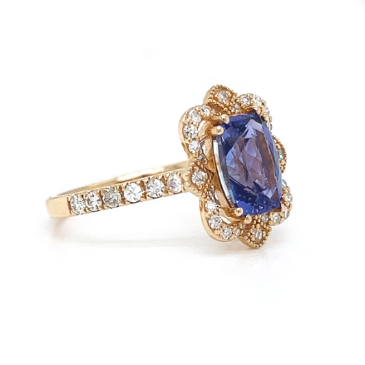 Natural Mined Tanzanite and Diamond Cocktail Ring Yellow Gold