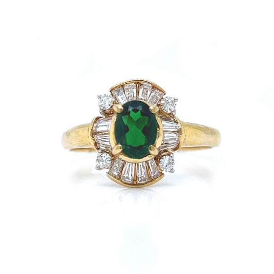 Natural Green Oval Tourmaline and Diamond Ring, in Yellow Gold - Pre-owned