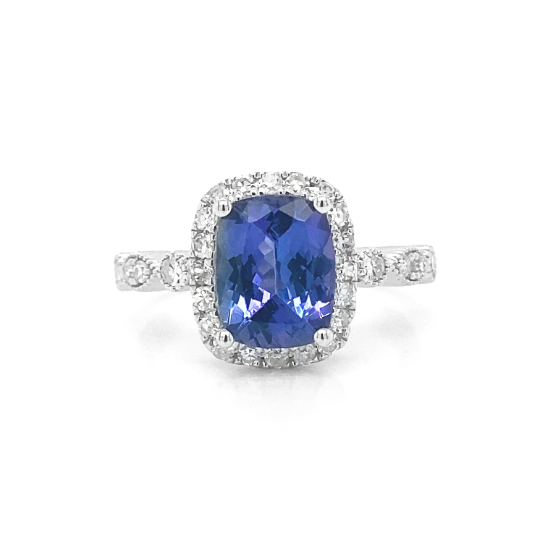 Natural Mined Tanzanite and Diamond Halo Art Deco Cocktail Ring White Gold
