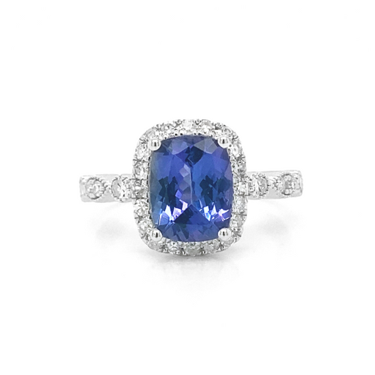 Natural Mined Tanzanite and Diamond Halo Art Deco Cocktail Ring White Gold