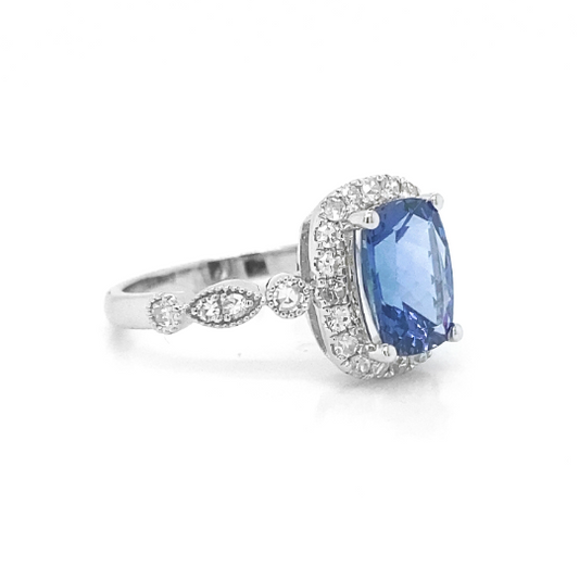 Natural Mined Tanzanite and Diamond Halo Art Deco Cocktail Ring White Gold